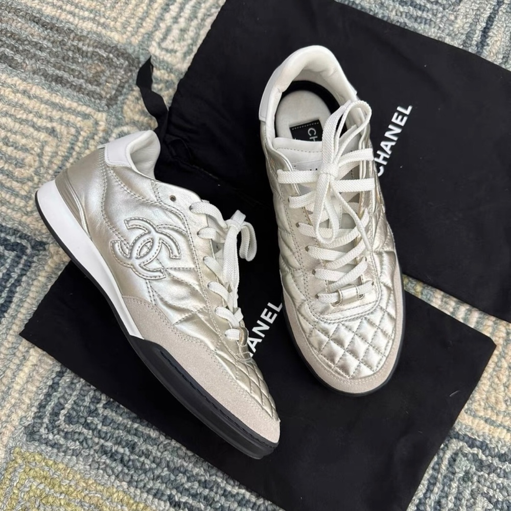 CHANEL Silver Quilted Women's Sneakers